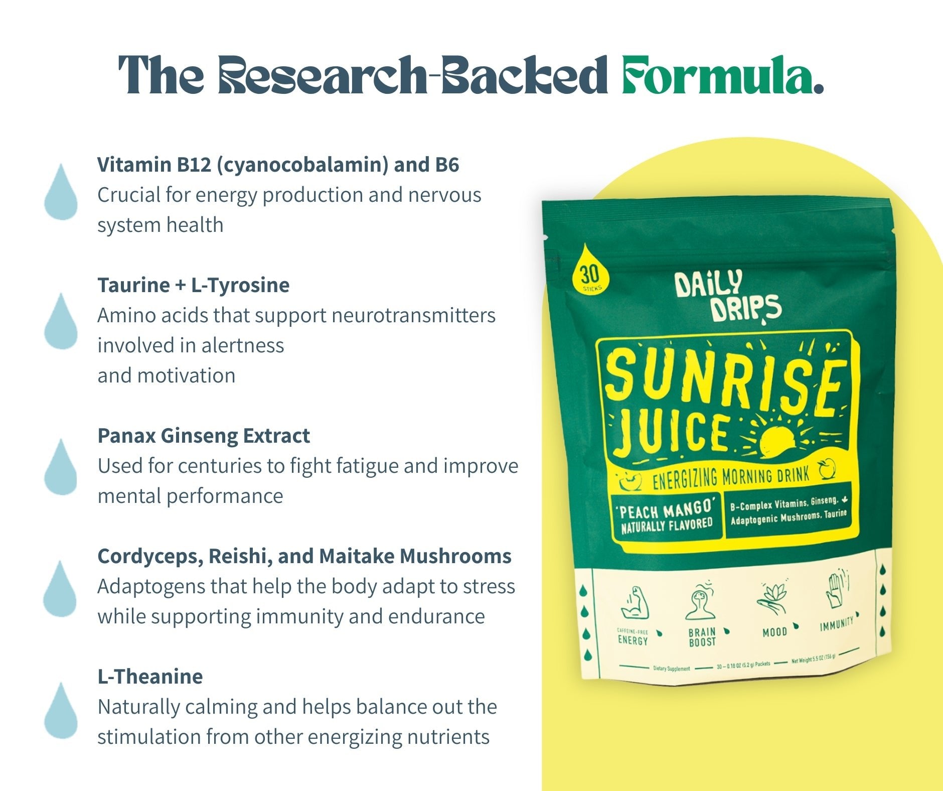 Sunrise Juice caffeine-free energy drink mix with B vitamins and mushrooms