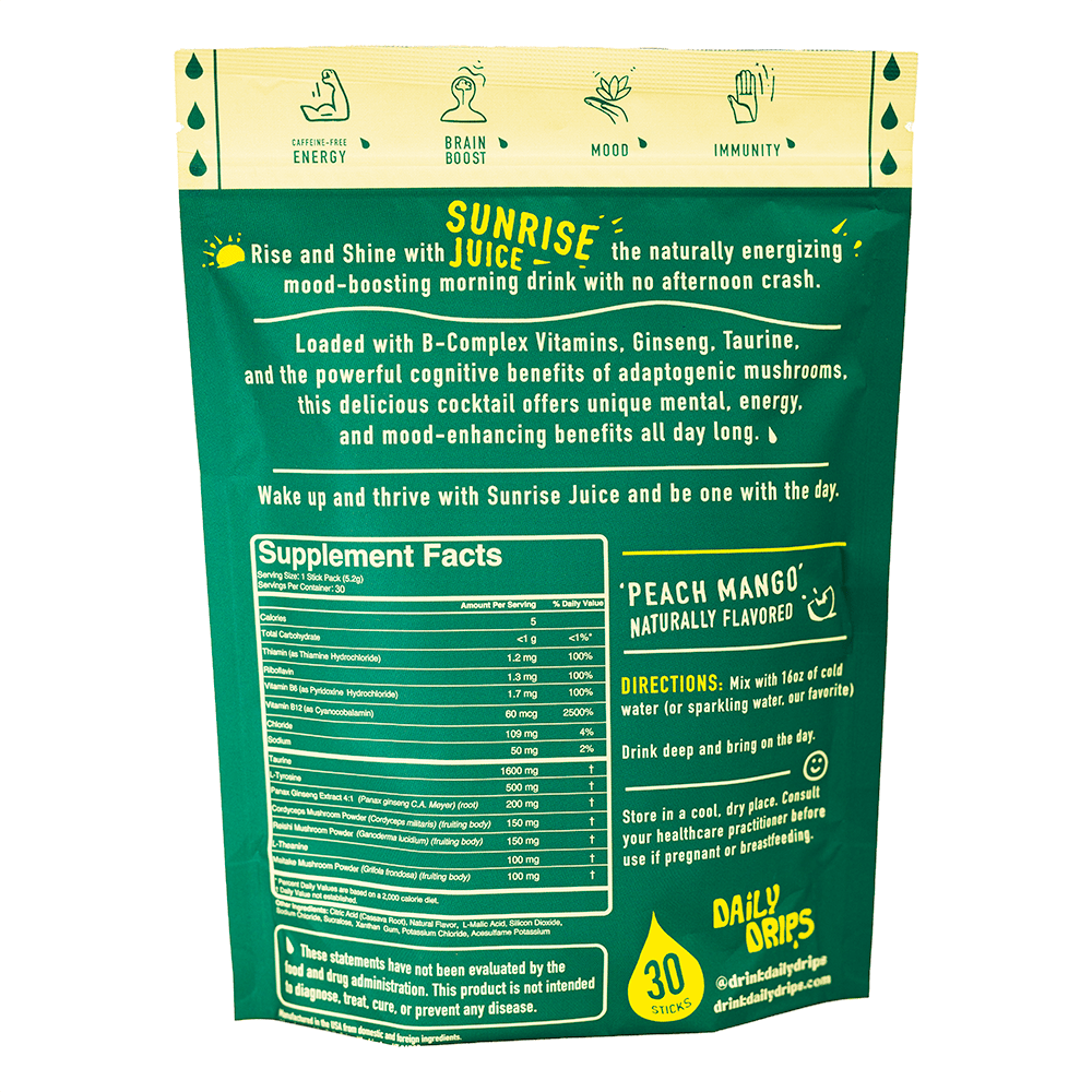 Sunrise Juice caffeine-free energy drink mix with B vitamins and mushrooms
